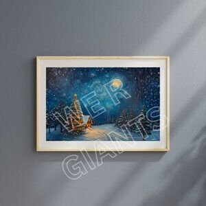 Holiday Winter Scene- Starry Night Style 17x11 Art Print